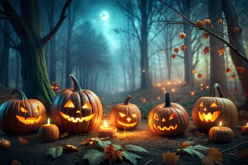 Halloween pumpkins in the forest at night. The spooky, scary, dark Nightwoods. Holiday event halloween banner background concept