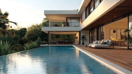 Fototapeta premium Modern villa with pool and deck with interior and exterior views : Generative AI