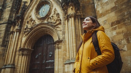 Fototapeta premium Caucasian female tourist in yellow coat admires historic architecture winter
