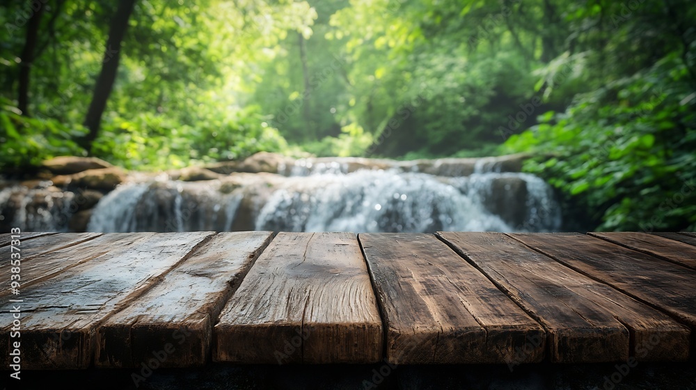 Leinwandbilder Wooden table top on blur stream and forest natural background in waterfallFor montage product display or design key visual layoutview of copy space : Generative AI