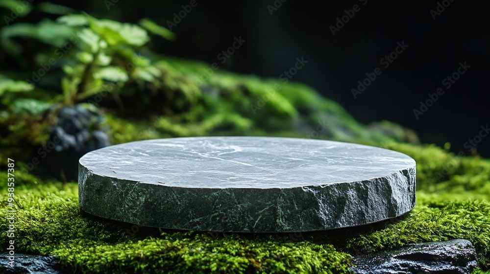 Poster stone podium above green moss surface for design products mockup background backdrop for displaying 