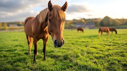 Fototapeta premium horses grazing on a pasture in the padlock uk farm houses in the background : Generative AI