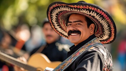 Man with mustache wearing traditional hat and attire, smiling