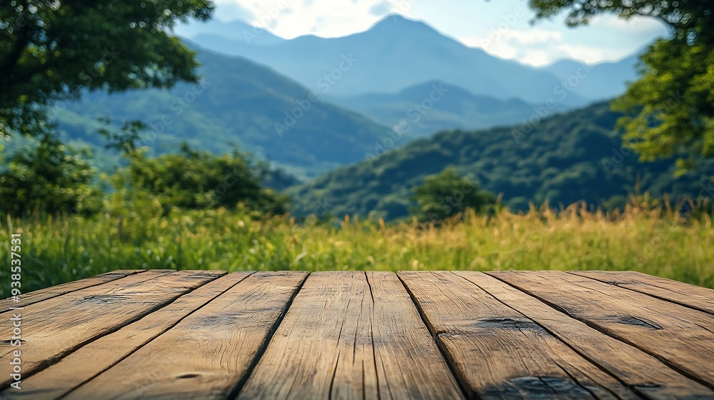 Leinwandbilder Wooden table top on blur mountain and grass fieldFresh and Relax conceptFor montage product display or design key visual layoutView of copy space : Generative AI