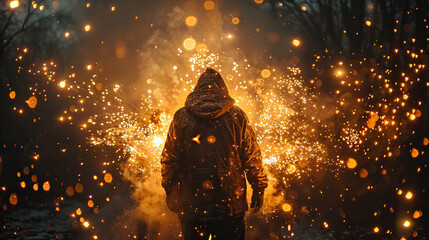 Person Silhouetted Against a Sparkling Firework Explosion