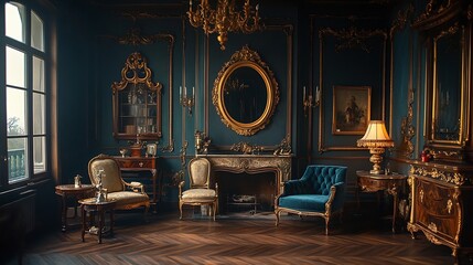 chic interior of the room in the Renaissance style of the 19th century with modern luxury furniture walls of noble dark color are decorated with stucco and gilded frames wooden parquet : Generative AI
