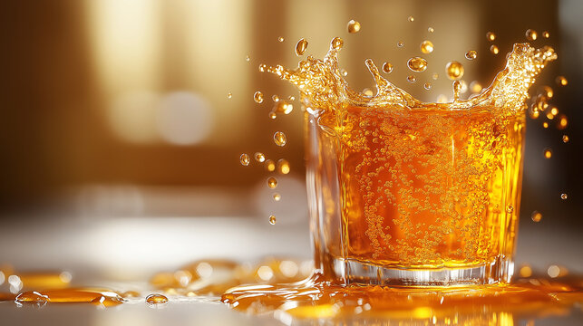 Clear glass filled with honey, and it splashes out on the table