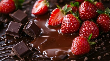 Close-up of fresh strawberries and melted chocolate.