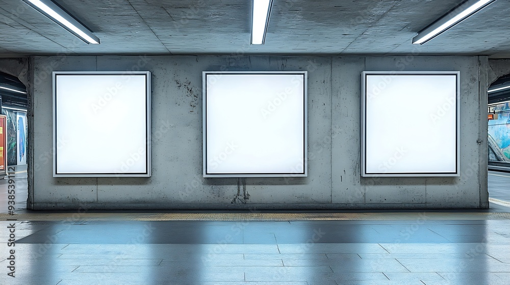 Poster three horizontal white billboards in an underpass of a railway station in switzerland : generative a