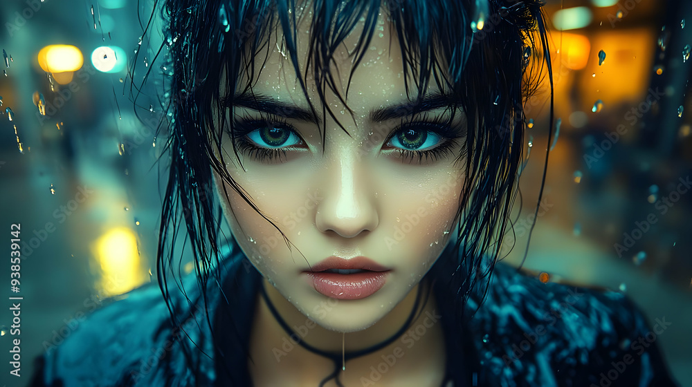 Canvas Prints Closeup portrait of a woman with wet hair and green eyes looking at the camera.