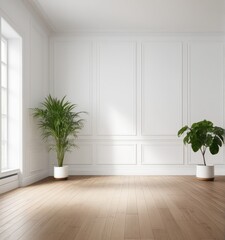 An empty white room with a wooden floor and a potted plant