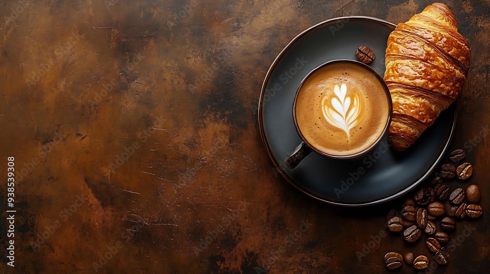Poster concept of italian breakfast with caffe espresso and croissant top down view image : generative ai