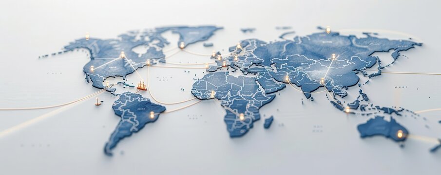 Fototapeta A global map with seaports highlighted, soft watercolor marks indicating trade routes, watercolor global seaport map, world trade network