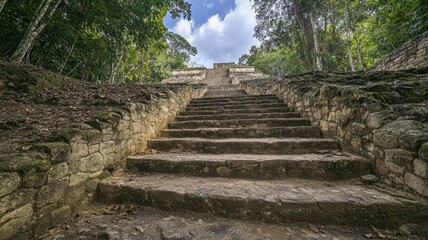 Ancient stone staircase surrounded by lush forest leading to historic ruins