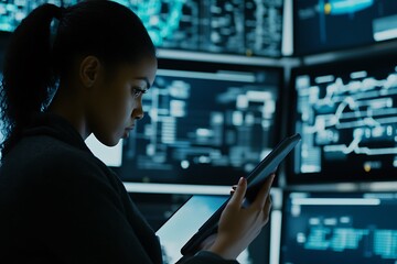 Fototapeta premium a woman looking at the tablet in control room