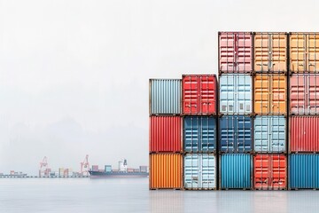 Cargo containers stacked at a harbor with soft watercolor shades, misty background, watercolor harbor, international logistics