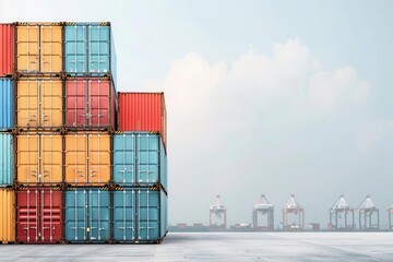Fototapeta premium Soft watercolor illustration of stacked cargo containers at a harbor with a misty background, highlighting international logistics and trade. 