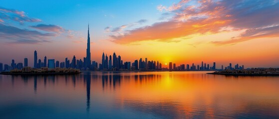 Dubai Skyline Sunset Reflection