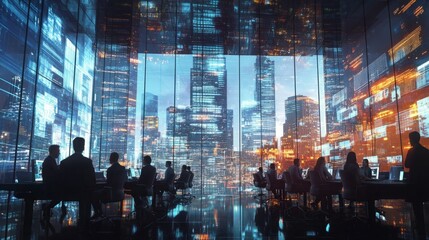 Fototapeta premium Silhouettes of people working in a modern office with a city skyline view.