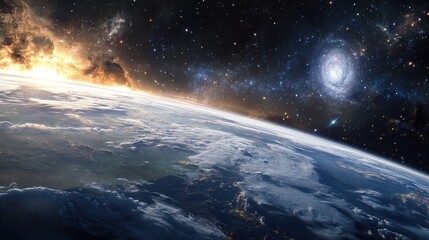 A stunning view of Earth from space, with galaxies and stars filling the cosmos