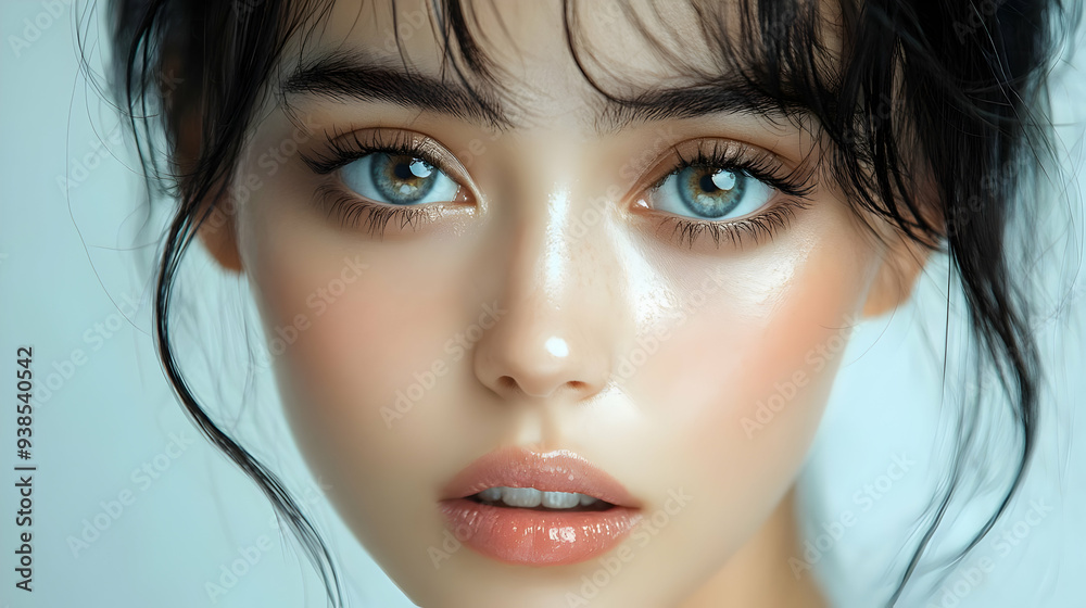 Canvas Prints Close-up portrait of a young woman with blue eyes and soft lips.