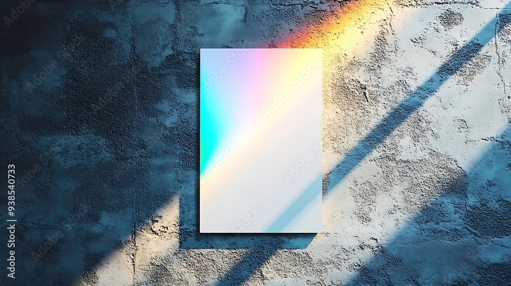 Fototapete Empty white vertical rectangle a4 poster business card flyer mockup with overlay of rainbow light refraction caustic effect and shadow on trendy dark concrete background : Generative AI