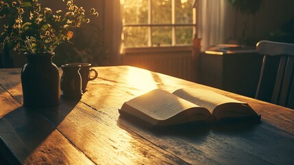 A tranquil scene with an open book on a wooden table, bathed in the warm glow of afternoon light