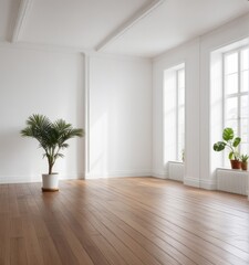 Fototapeta premium An empty white room with a wooden floor and a potted plant