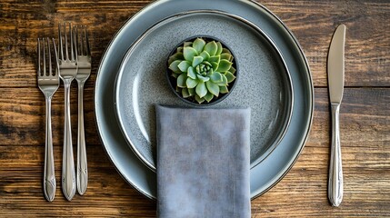 From above of tasteful minimalist table setting showcasing a ceramic plate silver cutlery bundled in a grey napkin a textured glass and a miniature succulent plant : Generative AI