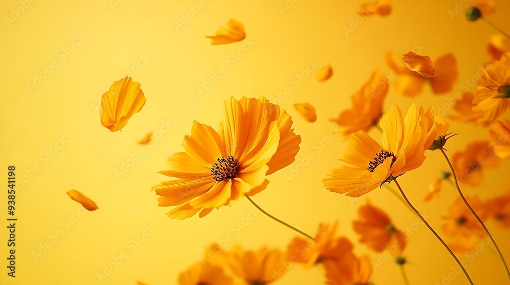 Poster beautiful orange cosmos flower falling in the air isolated on yellow background levitation or zero g