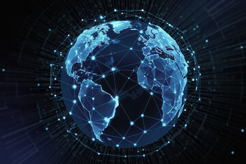 Digital representation of Earth with a network grid symbolizing global communication and information technology
