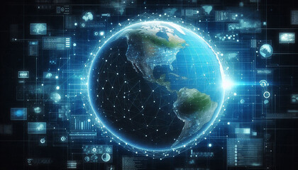 Obraz premium Digital representation of Earth with a network grid symbolizing global communication and information technology