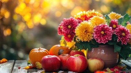 Autumn scene with flowers, pumpkins, apples on wooden table