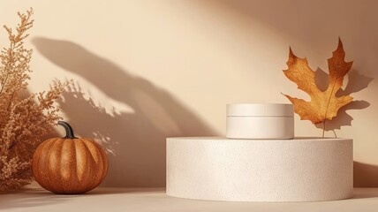 Autumn-themed setup with product container, pumpkin, leaf, and dried foliage on pedestal