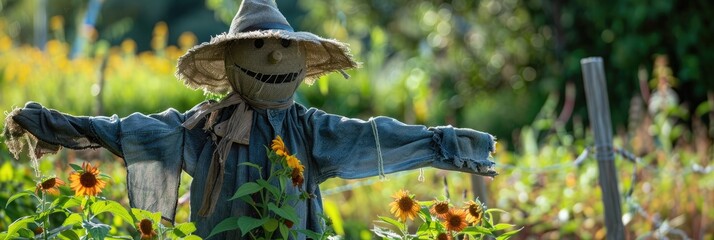 Scarecrow placed in the garden to repel birds Techniques for managing pests in gardens Tips and tricks for successful farming