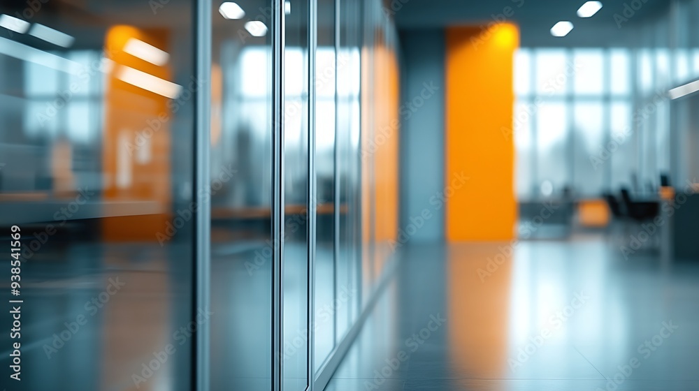 Poster beautiful blurred background of a modern office interior in gray tones with panoramic windows glass 