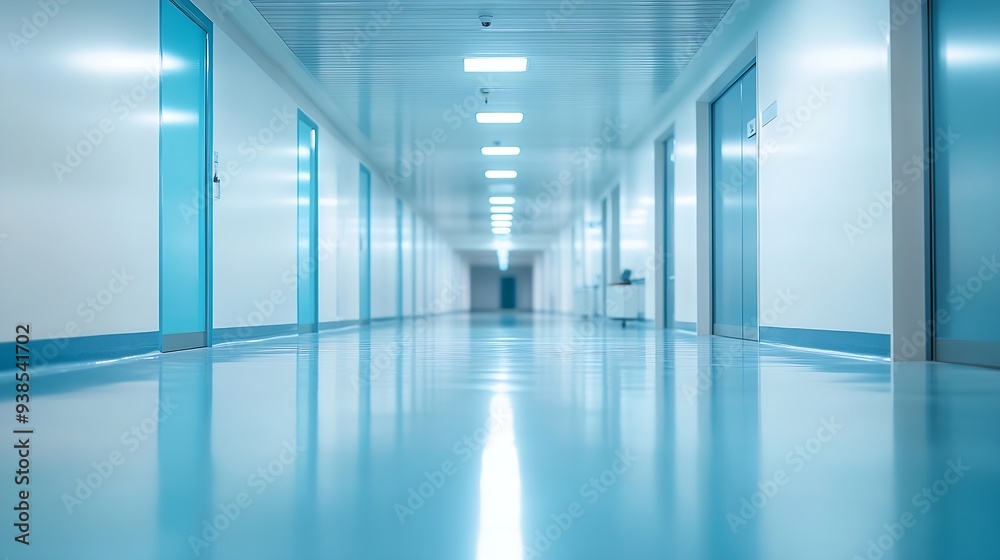 Poster blur background of corridor in clean hospital blurred view of aisle in office with light floor blurr