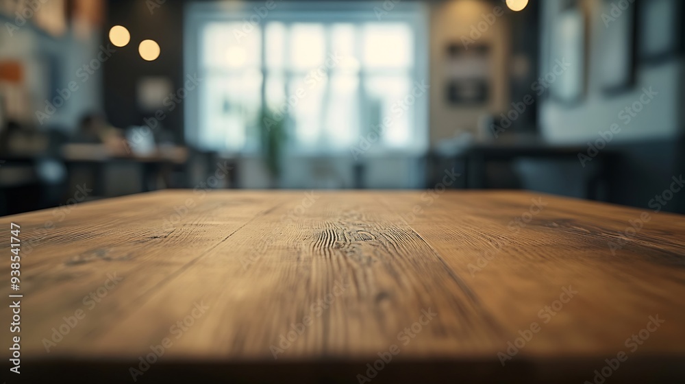 Wall mural On the blurred background of the empty office room a wooden board rested atop the table : Generative AI