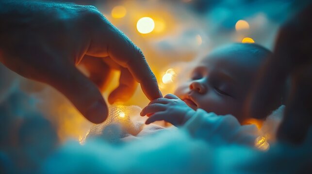 Beautiful newborn baby boy laying in a small crib holding his father finger in prenatal hospital : Generative AI