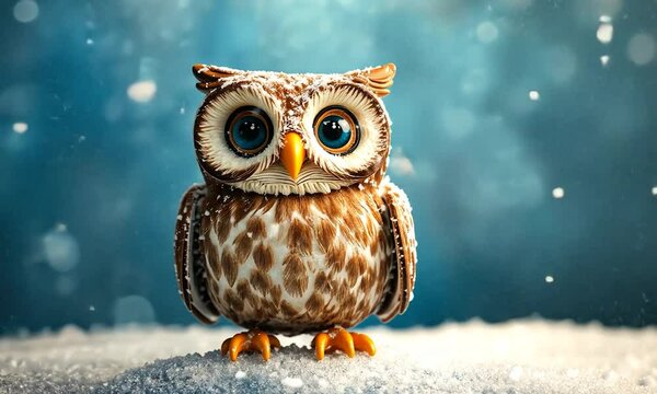 2D cartoon style toy owl against a blue backdrop with snow perfect for holiday themed decorations Ample copy space available