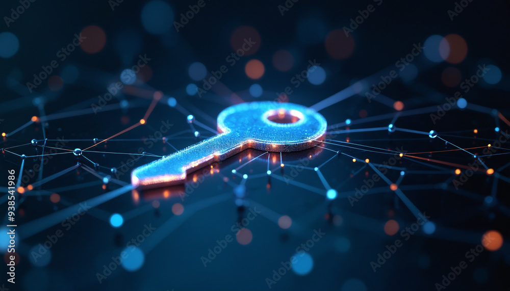 Poster key icon with network security: a key icon integrated into a network, representing access control an