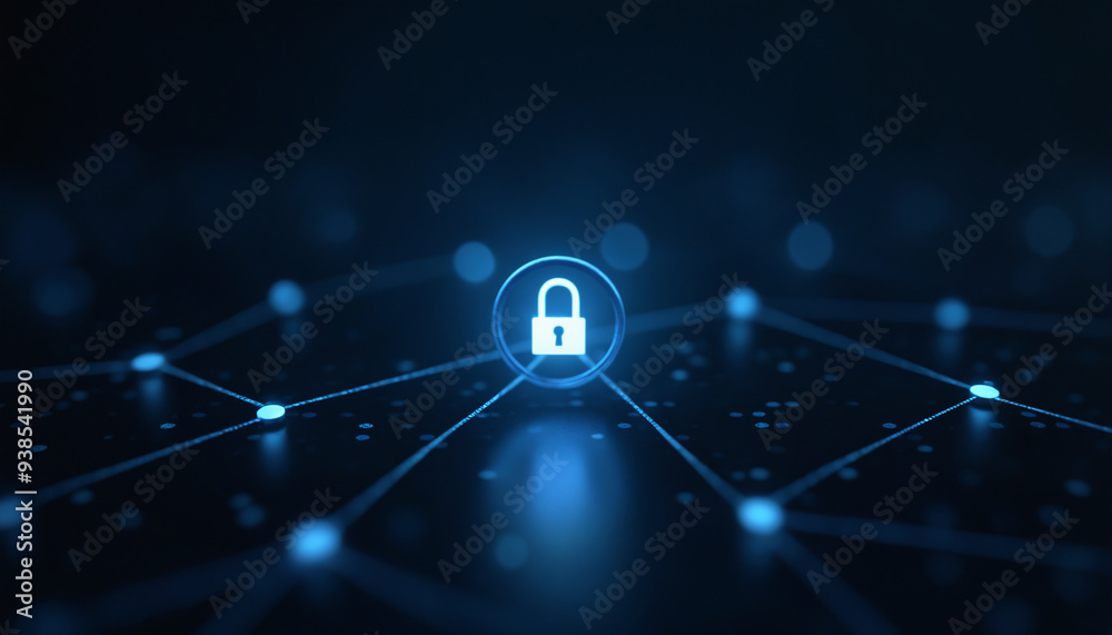 Poster lock icon with network security: a lock icon connected within a digital network, symbolizing securit