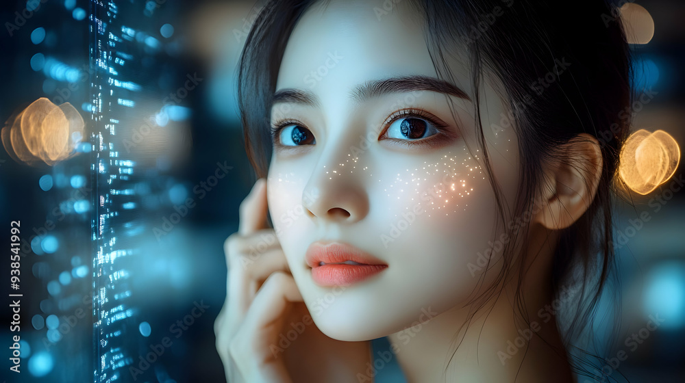 Canvas Prints Close-up portrait of a young woman with glowing skin and bokeh lights.