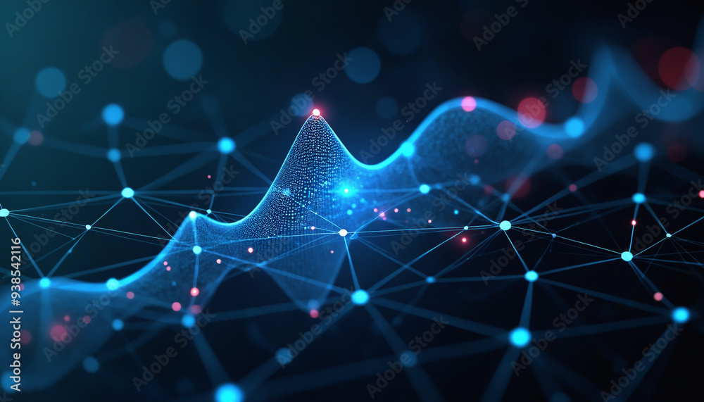 Poster flowing digital network with bright nodes: a digital network with bright nodes flowing seamlessly, r