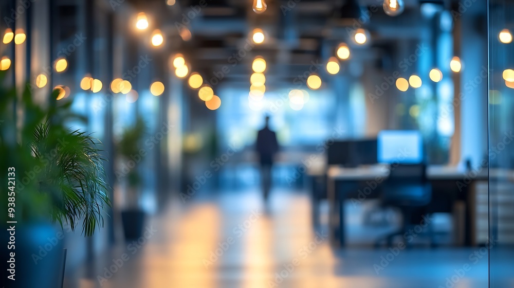 Aufkleber employees blur in the workplace in office with computer or shallow depth of focus of abstract background : Generative AI