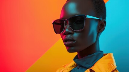Stylish african american woman with sunglasses on vibrant orange and blue background in fashionable travel concept