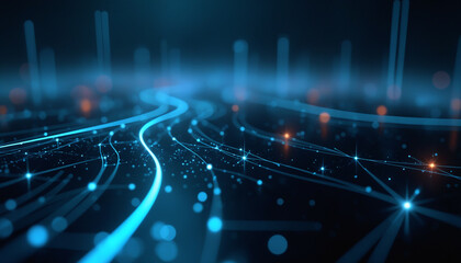Abstract Blue Network with Illuminated Nodes: An abstract blue network featuring illuminated nodes, symbolizing data connectivity and technological communication.