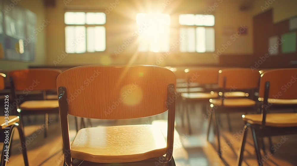 Poster student wooden chairs in university classroom with sunlight from window empty classroom with vintage