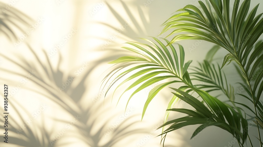 Aufkleber Blurred shadow from palm leaves on light cream wall Minimalistic beautiful summer spring background for product presentation : Generative AI