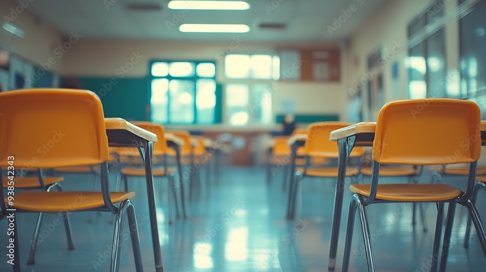 Fototapete Back to school concept Classroom in blur background without young student Blurry view of elementary class room no kid or teacher with chairs and tables in campus : Generative AI